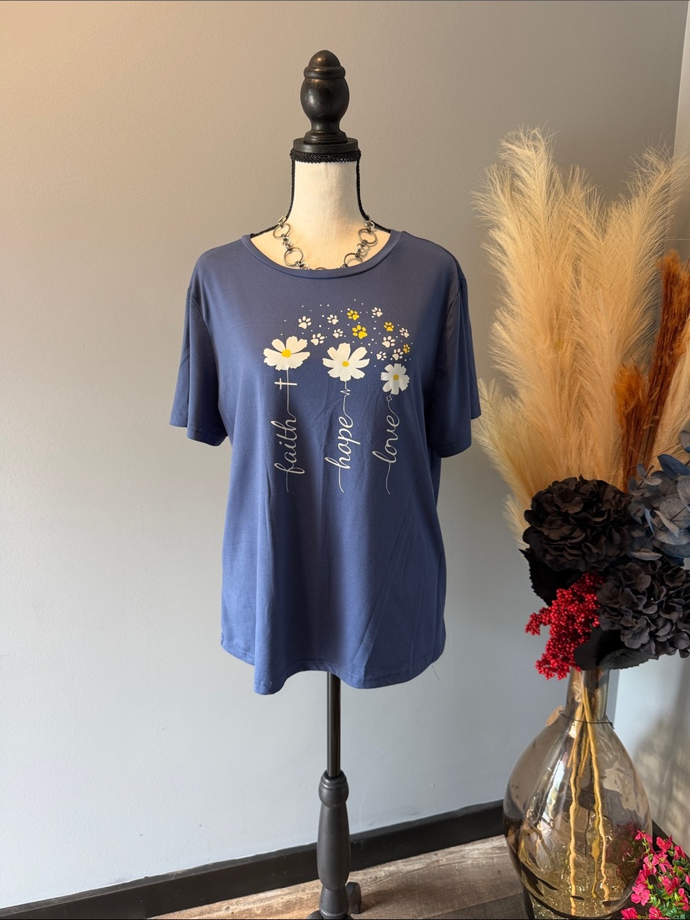 SHEIN Navy Blue Short Sleeve Tee with White & Yellow Floral Print